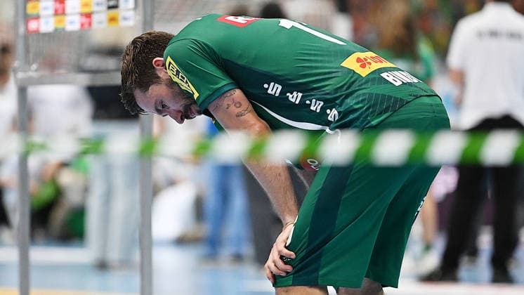Handball Bundesliga, Season 2025 2026, Matchday 32, SC DHfK Leipzig vs MT Melsungen 21 05 2026 Disappointment among players from Leipzig after the defeat in the Handball Bundesliga match DHfK Leipzig vs MT Melsungen 21 05 2026 On display Lukas Binder Outfield player DHfK Leipzig, shirt number 11 Leipzig Saxony Germany QUARTERBACK Immobilien Arena Am Sportforum 2