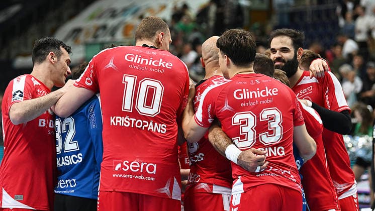 Handball Bundesliga, Season 2025 2026, Matchday 32, SC DHfK Leipzig vs MT Melsungen 21 05 2026 Melsungen players celebrate after winning the Handball Bundesliga match DHfK Leipzig vs MT Melsungen 21 05 2026 Leipzig Saxony Germany QUARTERBACK Immobilien Arena Am Sportforum 2
