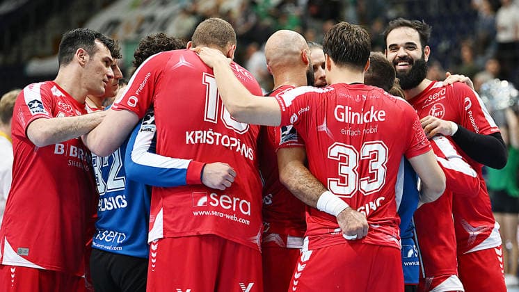 Handball Bundesliga, Season 2025 2026, Matchday 32, SC DHfK Leipzig vs MT Melsungen 21 05 2026 Melsungen players celebrate after winning the Handball Bundesliga match DHfK Leipzig vs MT Melsungen 21 05 2026 Leipzig Saxony Germany QUARTERBACK Immobilien Arena Am Sportforum 2