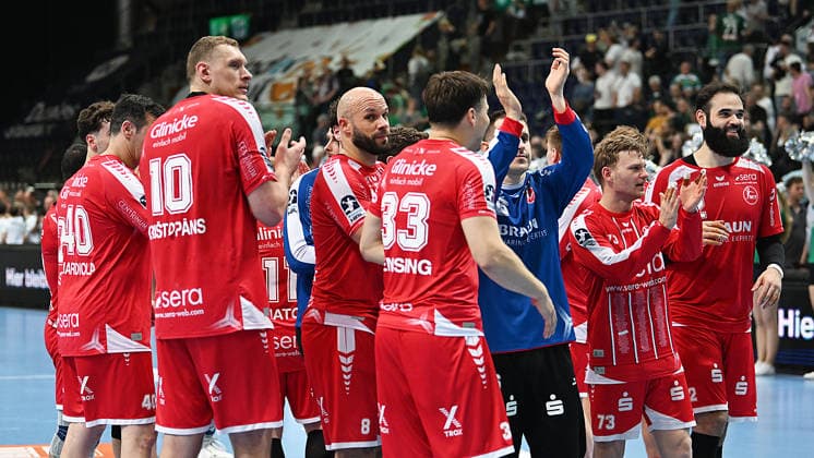 Handball Bundesliga, Season 2025 2026, Matchday 32, SC DHfK Leipzig vs MT Melsungen 21 05 2026 Melsungen players celebrate after winning the Handball Bundesliga match DHfK Leipzig vs MT Melsungen 21 05 2026 Leipzig Saxony Germany QUARTERBACK Immobilien Arena Am Sportforum 2