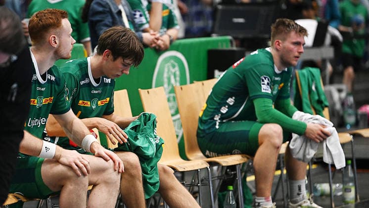 Handball Bundesliga, Season 2025 2026, Matchday 32, SC DHfK Leipzig vs MT Melsungen 21 05 2026 Disappointment among players from Leipzig after the defeat in the Handball Bundesliga match DHfK Leipzig vs MT Melsungen 21 05 2026 On display Tomas Piroch backcourt backcourt player DHfK Leipzig, Back number 7 , Staffan Peter Wing player DHfK Leipzig, back number 18 , Franz Semper Back player DHfK Leipzig, back number 32 Leipzig Saxony Germany QUARTERBACK Immobilien Arena Am Sportforum 2