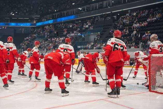 FRIBOURG, FRIBOURG - MAY 21: Denmark players prior to the start of the 2026 IIHF World Championship, WM, Weltmeisterschaft Preliminary Round Group B match between Denmark and Slovakia at BCF Arena on May 21, 2026 in Fribourg, Fribourg, Switzerland. Copyright: xLivioxBaeriswylx xSPPx Sportspressphoto_SPR151238