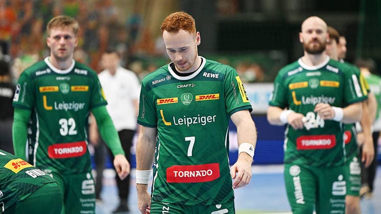Handball Bundesliga, Season 2025 2026, Matchday 32, SC DHfK Leipzig vs MT Melsungen 21 05 2026 Disappointment among players from Leipzig after the defeat in the Handball Bundesliga match DHfK Leipzig vs MT Melsungen 21 05 2026 On display Franz Semper backcourt player DHfK Leipzig, shirt number 32 , Tomas Piroch center back DHfK Leipzig, shirt number 7 , Moritz Preuss circle center DHfK Leipzig, shirt number 24 Leipzig Saxony Germany QUARTERBACK Immobilien Arena Am Sportforum 2