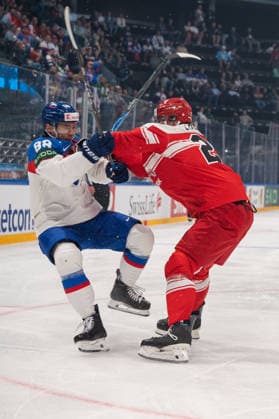 FRIBOURG, FRIBOURG - MAY 21: Martin Chromiak of Slovakia battles with Kasper Larsen of Denmark during the 2026 IIHF World Championship, WM, Weltmeisterschaft Preliminary Round Group B match between Denmark and Slovakia at BCF Arena on May 21, 2026 in Fribourg, Fribourg, Switzerland. Copyright: xLivioxBaeriswylx xSPPx Sportspressphoto_SPR151240