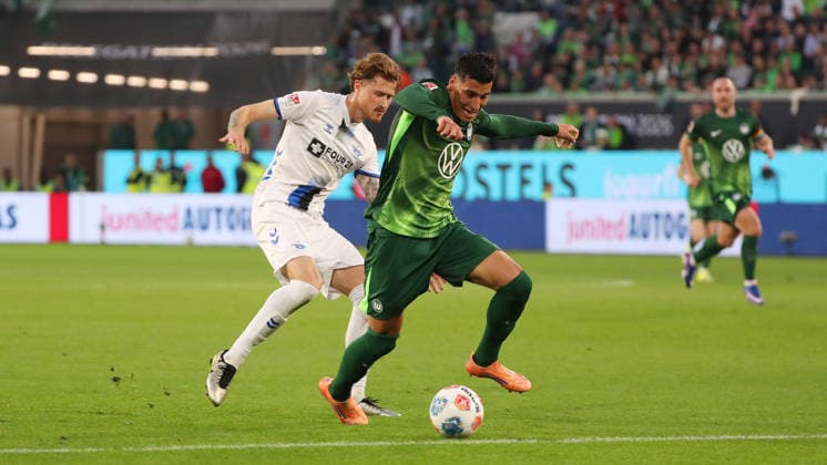 VfL vs Paderborn, Relegation Wolfsburg, 21 05 2026, Football, Men, Relegation, Season 2025 2026, VfL Wolfsburg vs SC Paderborn 07 Calvin Brackelmann SC Paderborn , Adam Daghim VfL Wolfsburg DFL DFB REGULATIONS PROHIBIT ANY USE OF PHOTOGRAPHS as IMAGE SEQUENCES and or QUASI VIDEO Volkswagen Arena Niedersachsen Germany