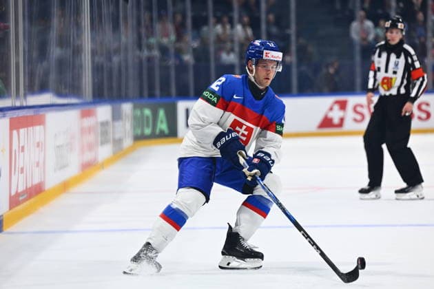 Samuel Knazko of Slovakia in action during the 2026 IIHF World Championship, WM, Weltmeisterschaft Group B, match Slovakia vs Denmark, Fribourg, Switzerland, on May 21, 2026. (CTKxPhoto RadekxPetrasek) CTKPhotoP2026052108857  CTKPhotoP2026052108857