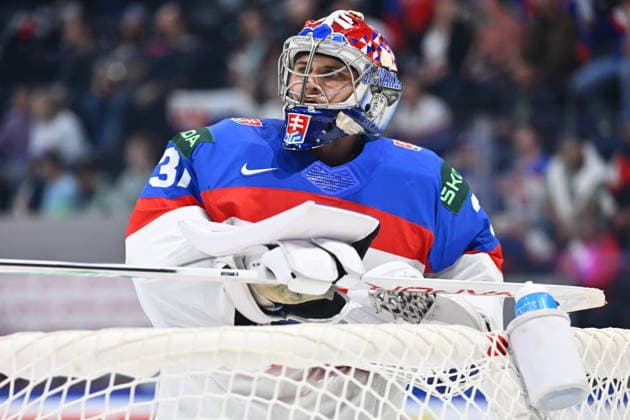 Goalie of Slovakia Samuel Hlavaj in action during the 2026 IIHF World Championship, WM, Weltmeisterschaft Group B, match Slovakia vs Denmark, Fribourg, Switzerland, on May 21, 2026. (CTKxPhoto RadekxPetrasek) CTKPhotoP2026052108974  CTKPhotoP2026052108974