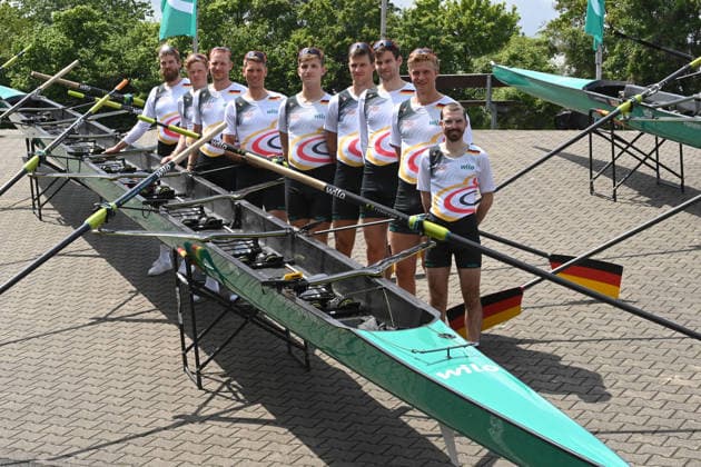The German Eight with stroke Soenke KRUSE Sönke Julius CHRIST, Tassilo von MUELLER Von Müller , Tobias STRANGEMANN Olaf ROGGENSACK, Mattes SCHOENHERR Schönherr , Paul KLAPPERICH, Theis HAGEMEISTER, cox Jonas WIESEN, Rowing, Presentation Germany Eight of the 2026 season, on 21 05 2026 in Dortmund Germany Â