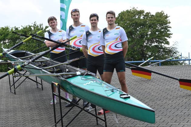 The coxless fours with Jasper ANGL, Benedict EGGELING, Rene SCHMELA and Mark HINRICHS, rowing, presentation Germany eights of the 2026 season, on 21 05 2026 in Dortmund Germany Â