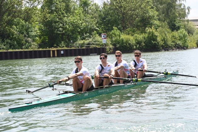 The coxless fours with stroke Jasper ANGL, Benedict EGGELING, Rene SCHMELA and Mark HINRICHS, during training on the Dortmund Ems Canal, Rowing, Presentation Germany Eight of the 2026 season, on 21 05 2026 in Dortmund Germany Â
