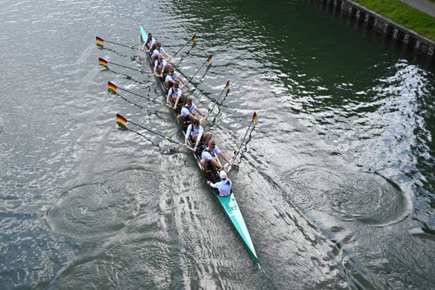 The German Eight with stroke Soenke KRUSE Sönke Julius CHRIST, Tassilo von MUELLER Von Müller , Tobias STRANGEMANN Olaf ROGGENSACK, Mattes SCHOENHERR Schönherr , Paul KLAPPERICH, Theis HAGEMEISTER, helmsman Jonas WIESEN, during training on the Dortmund Ems Canal, Rowing, Presentation Germany Eight of the 2026 season, on 21 05 2026 in Dortmund Germany Â