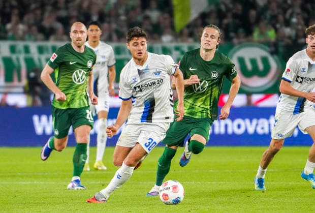 Germany Relegation Bundesliga 2025 2026, Matches Thu, 21 05 2026 VfL Wolfsburg vs SC Paderborn 07 Volkswagen Arena Wolfsburg on the ball Stefano Marino SC Paderborn 07, 30 Wolfsburg Copyright: xAymanxAlahmedx