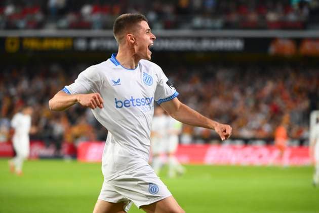 KV Mechelen v Club Brugge - Jupiler Pro League Champions Play-Off MECHELEN, BELGIUM - MAY 21 : Tresoldi Nicolo forward of Club Brugge celebrates scoring a goal during the Jupiler Pro League Champions Play-Off match between KV Mechelen and Club Brugge on May 21, 2026 in Mechelen, Belgium, 21 05 2026 Mechelen Belgium  Copyright: xVincentxKalutx