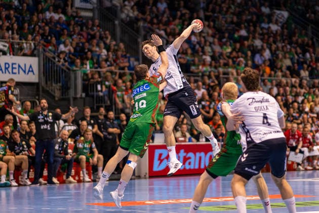 Germany HBL DAIKIN Handball Bundesliga 2025 2026, Matchday 30 SC Magdeburg vs SG Flensburg Handewitt GETEC Arena Magdeburg Niclas Kirkelokke SG Flensburg Handewitt, 5 on the ball Copyright: xTomxLauruschkatx