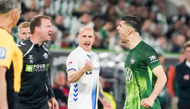 Germany Relegation Bundesliga 2025 2026, Matches Thu, 21 05 2026 VfL Wolfsburg vs SC Paderborn 07 Volkswagen Arena Wolfsburg Mimic, facial expression, emotion Konstantinos Koulierakis VfL Wolfsburg, 4 Wolfsburg Copyright: xAymanxAlahmedx