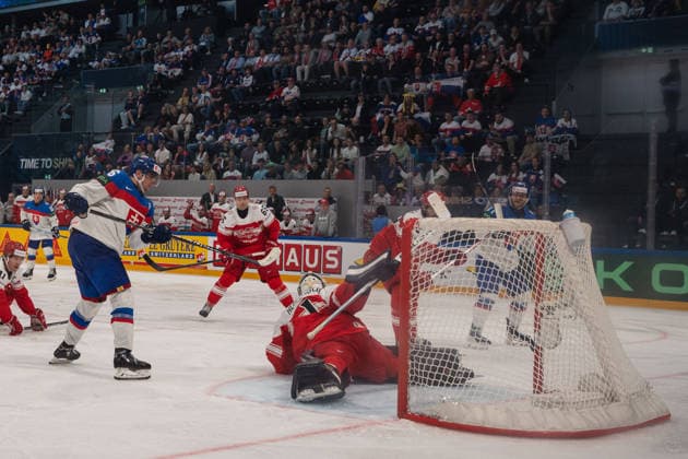 FRIBOURG, FRIBOURG - MAY 21: Martin Pospisil of Slovakia celebrates with teammates after scoring the goal for a 4-1 lead during the 2026 IIHF World Championship, WM, Weltmeisterschaft Preliminary Round Group B match between Denmark and Slovakia at BCF Arena on May 21, 2026 in Fribourg, Fribourg, Switzerland. Copyright: xLivioxBaeriswylx xSPPx Sportspressphoto_SPR151269