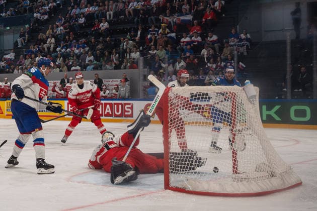 FRIBOURG, FRIBOURG - MAY 21: Martin Pospisil of Slovakia celebrates with teammates after scoring the goal for a 4-1 lead during the 2026 IIHF World Championship, WM, Weltmeisterschaft Preliminary Round Group B match between Denmark and Slovakia at BCF Arena on May 21, 2026 in Fribourg, Fribourg, Switzerland. Copyright: xLivioxBaeriswylx xSPPx Sportspressphoto_SPR151270
