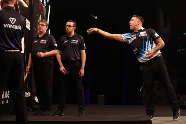 RECORD DATE NOT STATED 21st May 2026, Utilita Arena, Sheffield, Yorkshire, England; 2026 PDC Bet MGM Premier League Darts Night Sixteen; Gerwyn Price in action as referee Huw Ware looks on AidanxHunter