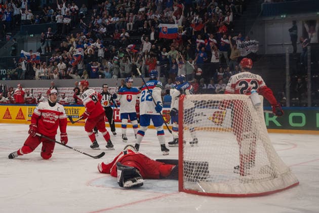FRIBOURG, FRIBOURG - MAY 21: Martin Pospisil of Slovakia celebrates with teammates after scoring the goal for a 4-1 lead during the 2026 IIHF World Championship, WM, Weltmeisterschaft Preliminary Round Group B match between Denmark and Slovakia at BCF Arena on May 21, 2026 in Fribourg, Fribourg, Switzerland. Copyright: xLivioxBaeriswylx xSPPx Sportspressphoto_SPR151271