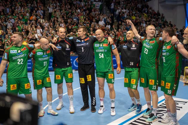 Germany HBL DAIKIN Handball Bundesliga 2025 2026, Matchday 30 SC Magdeburg vs SG Flensburg Handewitt GETEC Arena Magdeburg Oscar Bergendahl SC Magdeburg, 54 Sergey Hernandez Ferrer SC Magdeburg, 1 Daniel Pettersson SC Magdeburg, 11 Christian O Sullivan SC Magdeburg, 24 German Champion Celebration Jubilation Joy Emotions after the match Copyright: xTomxLauruschkatx