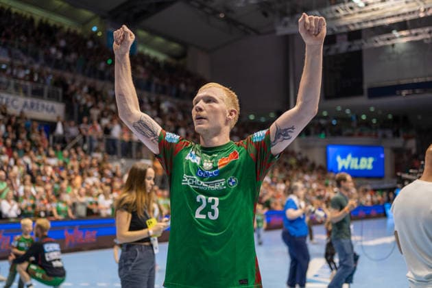 Germany HBL DAIKIN Handball Bundesliga 2025 2026, 30 Matchday SC Magdeburg vs SG Flensburg Handewitt GETEC Arena Magdeburg Magnus Saugstrup SC Magdeburg, 23 German Champion Celebration Jubilation Joy Emotions after the match Copyright: xTomxLauruschkatx