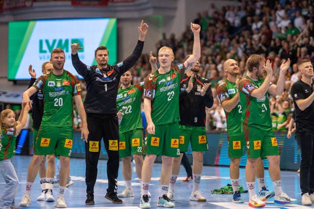 Germany HBL DAIKIN Handball Bundesliga 2025 2026, Matchday 30 SC Magdeburg vs SG Flensburg Handewitt GETEC Arena Magdeburg Sergey Hernandez Ferrer SC Magdeburg, 1 Magnus Saugstrup SC Magdeburg, 23 Philipp Weber SC Magdeburg, 20 German Champion Celebration Jubilation Joy Emotions after the match Copyright: xTomxLauruschkatx
