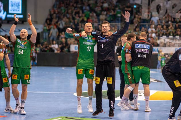 Germany HBL DAIKIN Handball Bundesliga 2025 2026, Matchday 30 SC Magdeburg vs SG Flensburg Handewitt GETEC Arena Magdeburg Tim Hornke SC Magdeburg, 17 Sergey Hernandez Ferrer SC Magdeburg, 1 German Champion Celebration Jubilation Joy Emotions after the match Copyright: xTomxLauruschkatx
