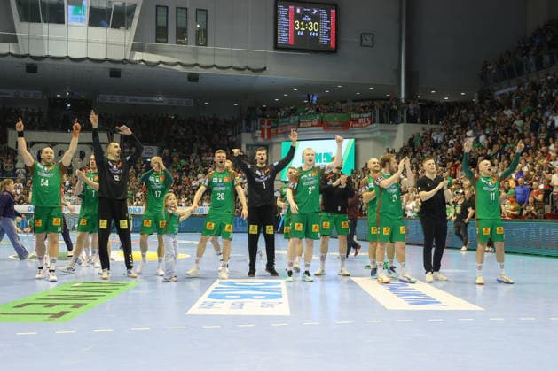 21 05 2026, xtgx, handball, Daikin HBL, SC Magdeburg SG Flensburg Handewitt v l Magdeburg celebrating title win, championship, German champion, jubilant, celebration Magdeburg