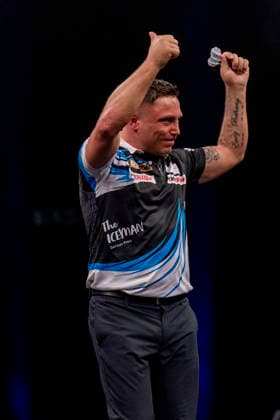 2026 BetMGM Premier League Darts, Night 16, Sheffield Gerwyn Price thumbs up to the fans during the 2026 BetMGM Premier League Darts, Night 16 at the Utilita Arena, Sheffield, England on 21 May 2026 Credit: Alex Young Every Second Media Editorial use only. All images are copyright Every Second Media Limited. No images may be reproduced without prior permission. Copyright: xIMAGO EveryxSecondxMediax ESM-2003-0056 AlexxYoungx xEveryxSecondxMediax