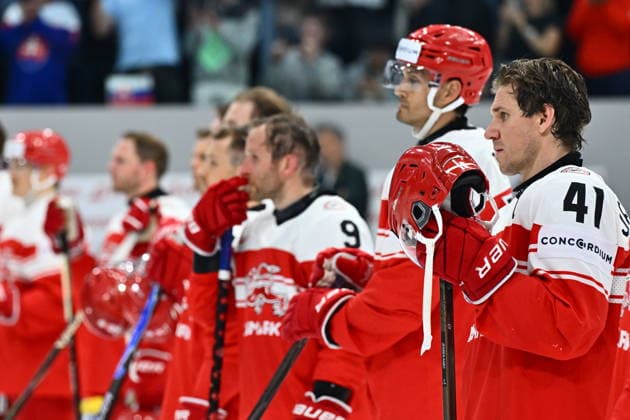 Disappointed danish players after the 2026 IIHF World Championship, WM, Weltmeisterschaft Group B, match Slovakia vs Denmark, Fribourg, Switzerland, on May 21, 2026. At right is Jesper Jensen Aabo of Denmark. (CTKxPhoto RadekxPetrasek) CTKPhotoP2026052109695  CTKPhotoP2026052109695