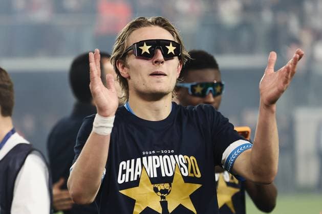 Club s Romeo Vermant celebrates after a soccer match between KV Mechelen and Club Brugge KV, Thursday 21 May 2026 in Mechelen, on the ninth day of the Champion s Play-offs of the 2025-2026 Jupiler Pro League first division of the Belgian championship. BRUNOxFAHY  x174679409x