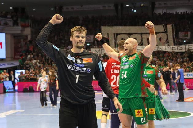 21 05 2026, xgox, Handball Daikin HBL SC Magdeburg SG Flensburg Handewitt emspor, v l Sergey Hernandez Ferrer Magdeburg, 1 , Oscar Bergendahl Magdeburg, 54 Cheering for the victory, cheering after the end of the game, cheering for the German championship Magdeburg