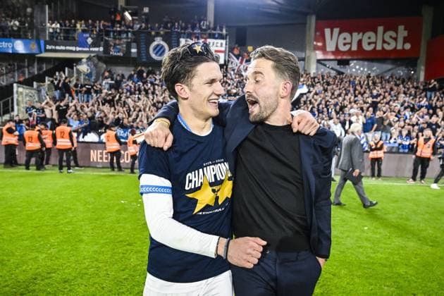 Club s Christos Tzolis and Club s team manager Devy Rigaux celebrate after winning the title at a soccer match between KV Mechelen and Club Brugge KV, Thursday 21 May 2026 in Mechelen, on the ninth day of the Champion s Play-offs of the 2025-2026 Jupiler Pro League first division of the Belgian championship. TOM GOYVAERTS TomxGoyvaerts  x174680478x
