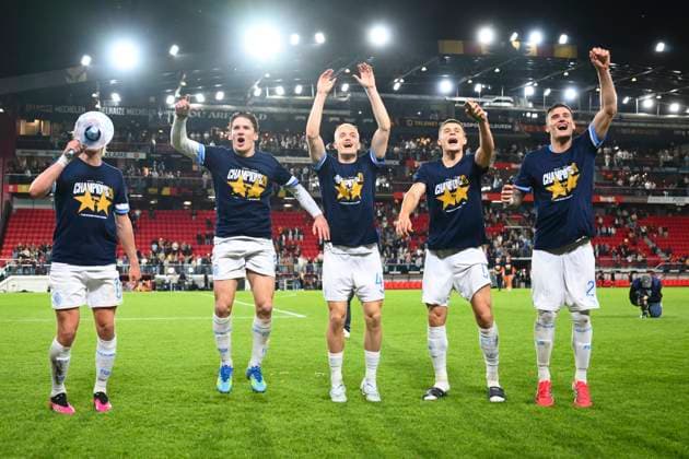 KV Mechelen v Club Brugge - Jupiler Pro League Champions Play-Off MECHELEN, BELGIUM - MAY 21 : Players of Club Brugge celebrate winning the championchip during the Jupiler Pro League Champions Play-Off match between KV Mechelen and Club Brugge on May 21, 2026 in Mechelen, Belgium, 21 05 2026 Mechelen Belgium  Copyright: xVincentxKalutx