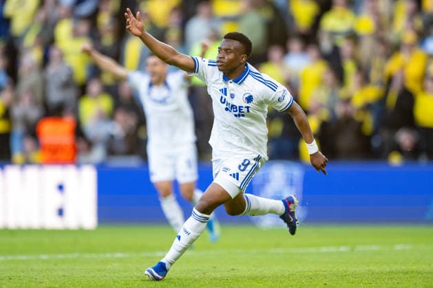 Broendby IF v FC Copenhagen, Europa Playoff match, Broendby, Denmark Broendby, Denmark. 21st, May 2026. Youssoufa Moukoko (9) of FC Copenhagen scores for 1-2 during the Europa Playoff 3F Superliga match between Broendby IF and FC Copenhagen at Brondby Stadion in Brondby. Denmark, Brondby  Copyright: xGonzalesxPhoto TobiasxJorgensenx