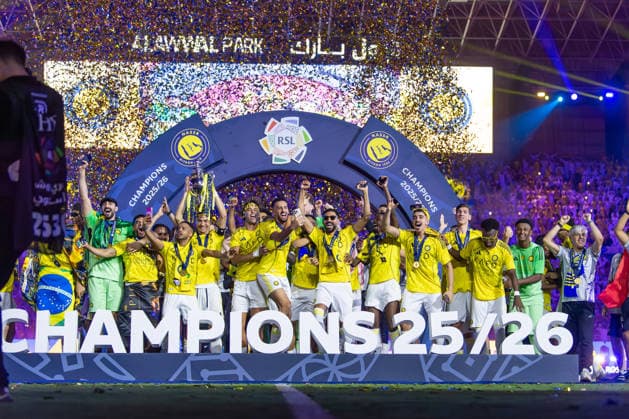 Al-Nassr wins Saudi Arabian title RIYADH, SAUDI ARABIA - MAY 21: Players of Al-Nassr celebrate the championship with trophy after defeating Damac 4-1 in the Saudi Pro League at King Saud University Stadium in Riyadh, Saudi Arabia, on May 21, 2026. Mohammed Saad Anadolu Riyadh Saudi Arabia. Editorial use only. Please get in touch for any other usage.  Copyright: x2026xAnadoluxMohammedxSaadx