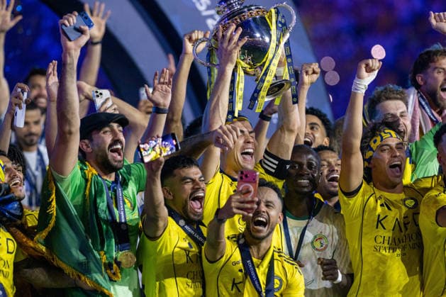 Al-Nassr wins Saudi Arabian title RIYADH, SAUDI ARABIA - MAY 21: Players of Al-Nassr celebrate the championship with trophy after defeating Damac 4-1 in the Saudi Pro League at King Saud University Stadium in Riyadh, Saudi Arabia, on May 21, 2026. Mohammed Saad Anadolu Riyadh Saudi Arabia. Editorial use only. Please get in touch for any other usage.  Copyright: x2026xAnadoluxMohammedxSaadx