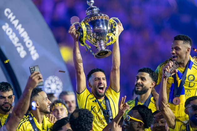 Al-Nassr wins Saudi Arabian title RIYADH, SAUDI ARABIA - MAY 21: Players of Al-Nassr celebrate the championship with trophy after defeating Damac 4-1 in the Saudi Pro League at King Saud University Stadium in Riyadh, Saudi Arabia, on May 21, 2026. Mohammed Saad Anadolu Riyadh Saudi Arabia. Editorial use only. Please get in touch for any other usage.  Copyright: x2026xAnadoluxMohammedxSaadx