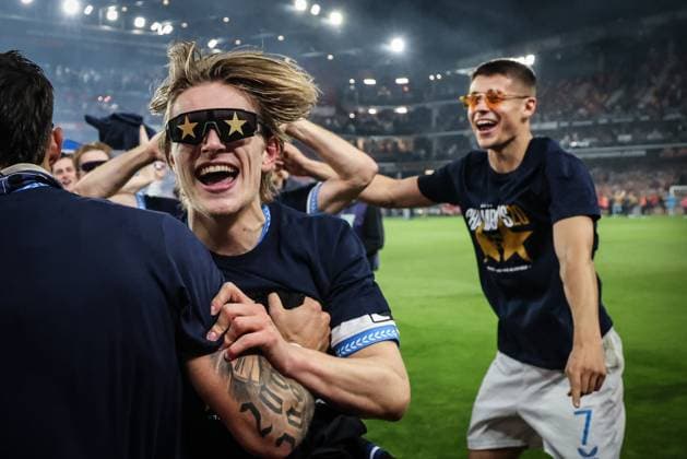 Club s Romeo Vermant and Club s Nicolo Tresoldi celebrate after a soccer match between KV Mechelen and Club Brugge KV, Thursday 21 May 2026 in Mechelen, on the ninth day of the Champion s Play-offs of the 2025-2026 Jupiler Pro League first division of the Belgian championship. BRUNOxFAHY  x174688943x