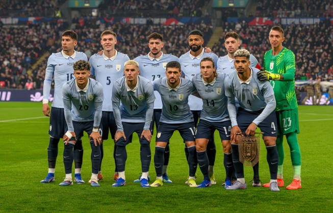 27 March 2026 - England v Uruguay - International Friendly, Länderspiel, Nationalmannschaft - Wembley. England v Uruguay - International Friendly - Wembley. Uruguay Team Photo. Fernando Muslera, Guillermo Varela, Ronald Araujo, Mathias Olivera, Joaquin Piquerez; Federico Valverde, Manuel Ugarte, Giorgian De Arrascaeta; Agustin Canobbio, Rodrigo Aguirre, Maximiliano Araujo. Picture : Mark Pain London England  Copyright: xMarkxPainx