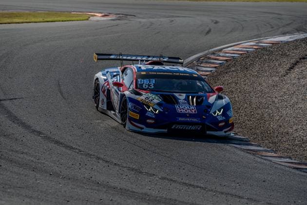 The Liqui Moly Team Engstler Motorsport presents its Lamborghini Huracán GT3 with starting number 63 in dynamic cornering at the Circuit Park Zandvoort Lamborghini Huracán GT3 63 in high-speed use at the ADAC GT Masters Copyright: xMichaelxSchäferx