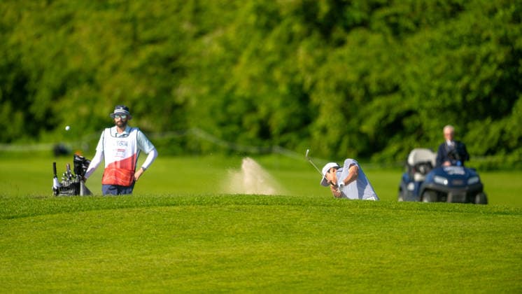 ANTWERP, BELGIUM - MAY 22: Kazuma Kobori of New Zealand taking his second shot hitting out of the sand trap on the fairway of the 14th hole during the second round of the Soudal Open at Rinkven International Golf Club on May 22, 2026 in Antwerp, Belgium. Credit: Andy Astfalck NurPhoto Belgium Copyright: xAndyxAstfalckx