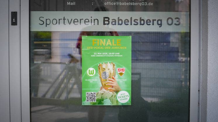 Soccer, A Juniors, Season 2025 2026, DFB Cup, Final, VfB Stuttgart U19 vs VfL Wolfsburg U19, Friday 22 05 2026, Karl Liebknecht Stadion Potsdam, In the picture posted advertisement for the U19 DFB Cup Final at Karl Liebknecht Stadion Brandenburg Germany