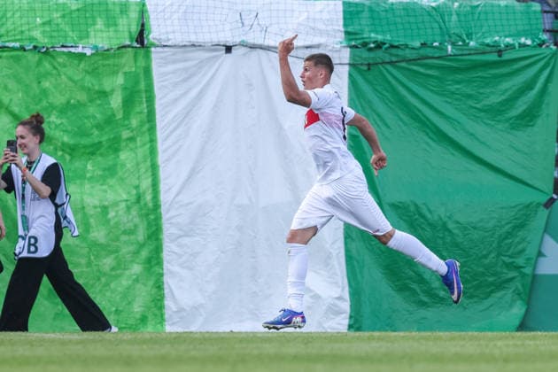 Soccer DFB Cup Junior Final VfL Wolfsburg U19 VfB Stuttgart U19 on 22 05 2026 at Karl Liebknecht Stadium in Potsdam Goal celebration to 0 1 by Enis Redzepi Stuttgart DFB regulations prohibit any use of photographs as image sequences and or quasi video xJRx
