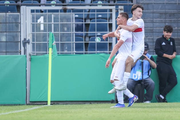 Soccer DFB Cup Junior Final VfL Wolfsburg U19 VfB Stuttgart U19 on 22 05 2026 at Karl Liebknecht Stadium in Potsdam Goal celebration to 0 1 by Enis Redzepi Stuttgart DFB regulations prohibit any use of photographs as image sequences and or quasi video xJRx