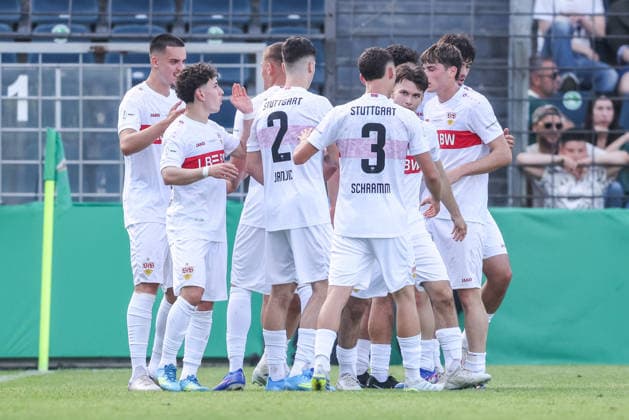 Soccer DFB Cup Junior Final VfL Wolfsburg U19 VfB Stuttgart U19 on 22 05 2026 at Karl Liebknecht Stadium in Potsdam Goal celebration to 0 1 by Enis Redzepi Stuttgart DFB regulations prohibit any use of photographs as image sequences and or quasi video xJRx