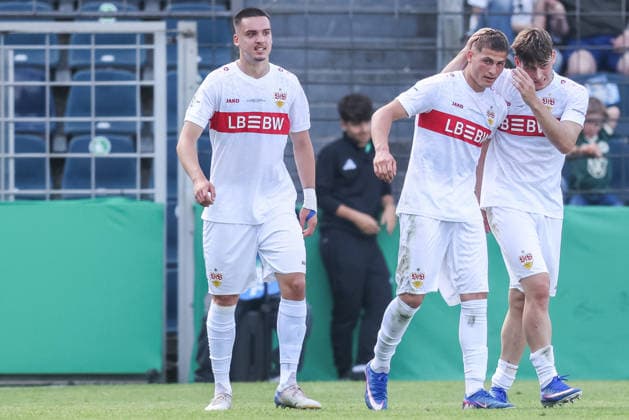 Soccer DFB Cup Junior Final VfL Wolfsburg U19 VfB Stuttgart U19 on 22 05 2026 at Karl Liebknecht Stadium in Potsdam Goal celebration to 0 1 by Enis Redzepi Stuttgart DFB regulations prohibit any use of photographs as image sequences and or quasi video xJRx