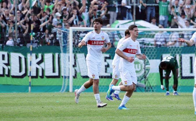 22 05 26 A Juniors DFB Cup Final 2026 U19 VfL Wolfsburg U19 VfB Stuttgart Germany, Potsdam, 22 05 2026, Football, Season 2025 2026, A Juniors DFB Cup Final 2026, U19 VfL Wolfsburg U19 VfB Stuttgart Mirza Catovic U19 VfB Stuttgart Cheering Goal 0 2 Catovic