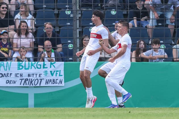 Soccer DFB Cup Junior Final VfL Wolfsburg U19 VfB Stuttgart U19 on 22 05 2026 at Karl Liebknecht Stadium in Potsdam Goal celebration to 0 2 by Mirza Catovic Stuttgart DFB regulations prohibit any use of photographs as image sequences and or quasi video xJRx