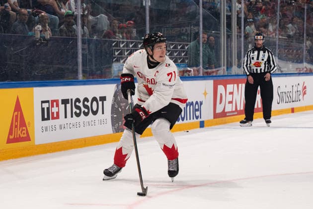 FRIBOURG, FRIBOURG - MAY 22: Macklin Celebrini of Canada during the 2026 IIHF World Championship, WM, Weltmeisterschaft Preliminary Round Group B match between Canada and Slovenia at BCF Arena on May 22, 2026 in Fribourg, Fribourg, Switzerland.  Copyright: xLivioxBaeriswylx xSPPx Sportspressphoto_SPR151820